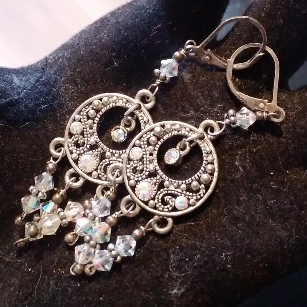 Handmade Crystal .925 Silver Drop Earrings Dangle Irridescent Boho Gypsy